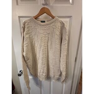 Vintage Izod Mens  Cream Cotton Geometric Textured Knit Sweater USA Medium